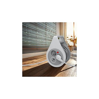 Prodlužovací přívod na bubnu, 2 zásuvky, USB A+C, šedý, 10m, 3x1mm2