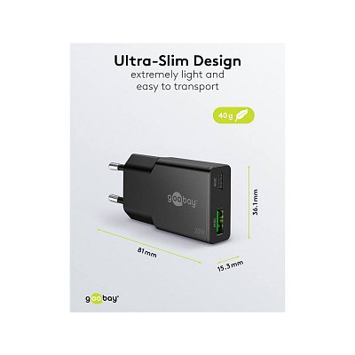 Tenká duální rychlonabíječka USB-C™ PD GaN (20 W), černá