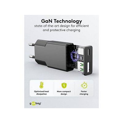 Tenká duální rychlonabíječka USB-C™ PD GaN (20 W), černá