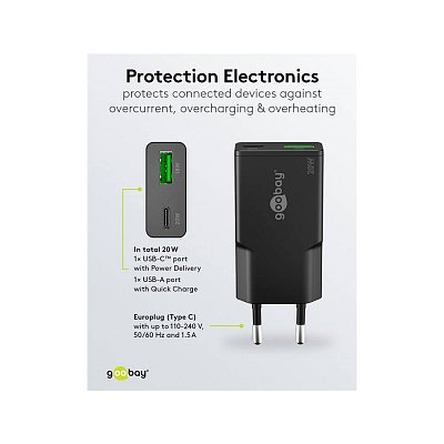 Tenká duální rychlonabíječka USB-C™ PD GaN (20 W), černá