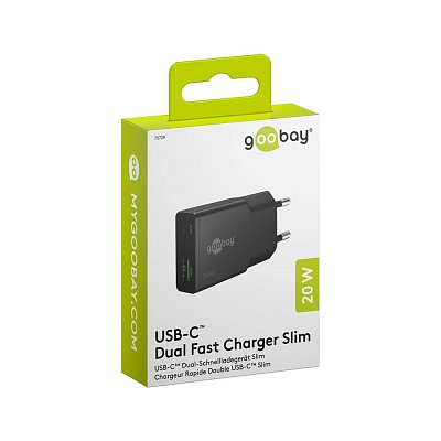 Tenká duální rychlonabíječka USB-C™ PD GaN (20 W), černá