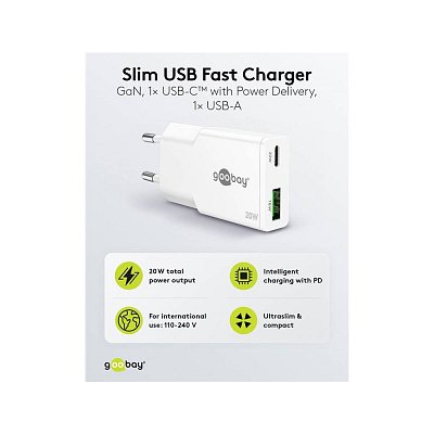 Tenká duální rychlonabíječka USB-C™ PD GaN (20 W), Bílá