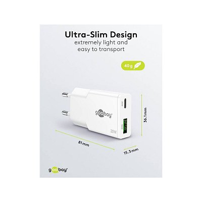 Tenká duální rychlonabíječka USB-C™ PD GaN (20 W), Bílá