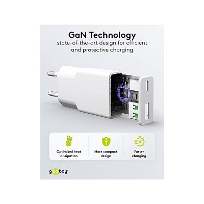 Tenká duální rychlonabíječka USB-C™ PD GaN (20 W), Bílá