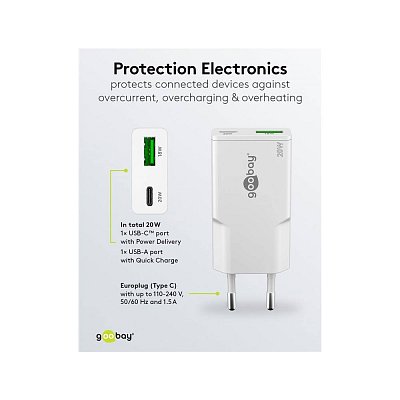 Tenká duální rychlonabíječka USB-C™ PD GaN (20 W), Bílá