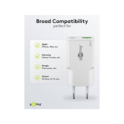 Tenká duální rychlonabíječka USB-C™ PD GaN (20 W), Bílá