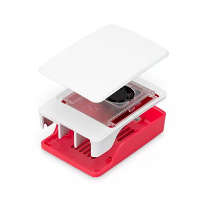 Oficiální krabička pro Raspberry Pi 5 s ventilátorem a odnímatelným víkem kombinující ikonickou malinovou a bílou barvu.