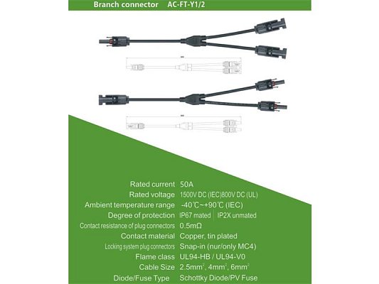 Konektor pro solární panely MC4 GETI rozbočovací 1x konektor 2x zdířka 30cm