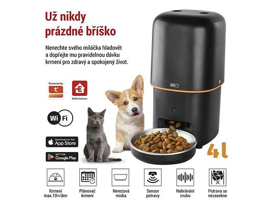 Smart automat na krmivo EMOS Pet Care, 4 l, černý, WiFi Tuya