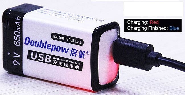Baterie nabíjecí Li-Ion 9V 650mAh 6F22, Doublepow, napájení USB