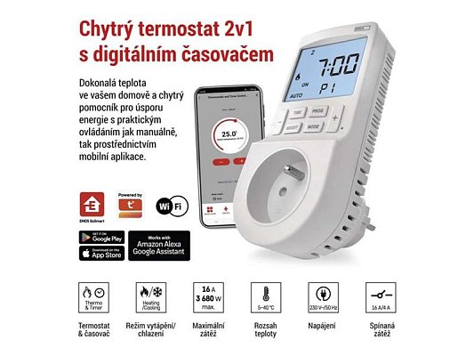 Smart termostat EMOS do zásuvky s funkcí digitálního časovače 2v1 s WiFi