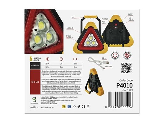LED varovný trojúhelník, nabíjecí, COB LED+červená LED EMOS P45010