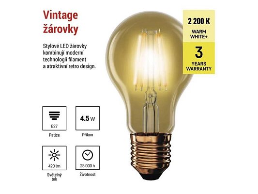 Žárovka LED E27 4,5W A60 bílá teplá EMOS Z55032 Vintage