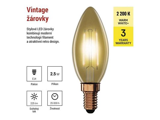 Žárovka LED E14 2,5W svíčka bílá teplá EMOS Z53012 Vintage