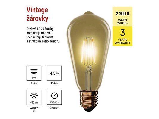 Žárovka LED E27 4,5W ST64 bílá teplá EMOS Z57032 Vintage