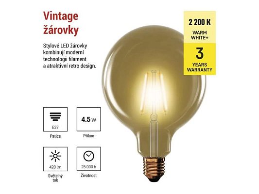 Žárovka LED E27 4,5W G125 bílá teplá EMOS Z58032 Vintage