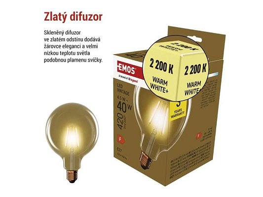 Žárovka LED E27 4,5W G125 bílá teplá EMOS Z58032 Vintage