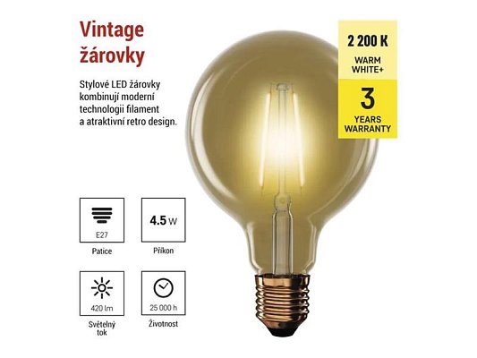 Žárovka LED E27 4,5W G95 bílá teplá EMOS Z52032 Vintage