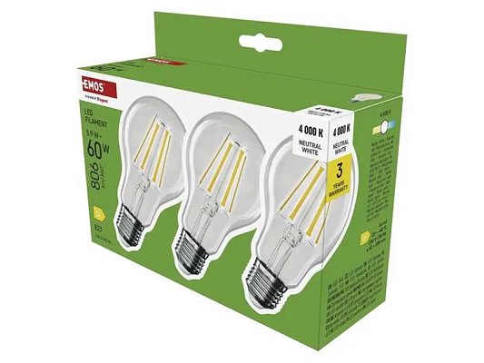 Žárovka Filament LED E27 5,9W bílá přírodní EMOS ZF5D43.3 sada 3ks