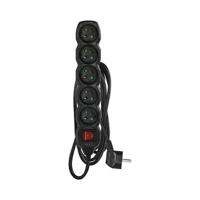 prodlužovací kabel 230V, 3m, 5x zásuvka, vypínač, černý