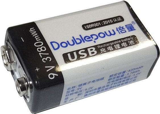 Baterie nabíjecí Li-Ion 9V 420mAh 6F22, Doublepow, napájení USB-C