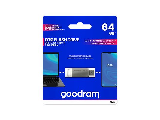 Flash disk GOODRAM USB + USB C 64GB stříbrný