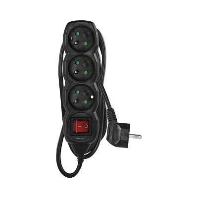 prodlužovací kabel 230V, 3m, 3x zásuvka, vypínač, černý