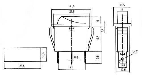 Přepínač kolébkový 2pol./3pin ON-OFF 250V/15A pros. žlutý