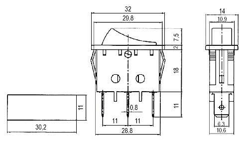 Přepínač kolébkový 3pol./3pin ON-OFF-ON 250V/15A černý