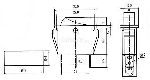 Přepínač kolébkový 2pol./3pin ON-OFF 250V/15A pros. červený