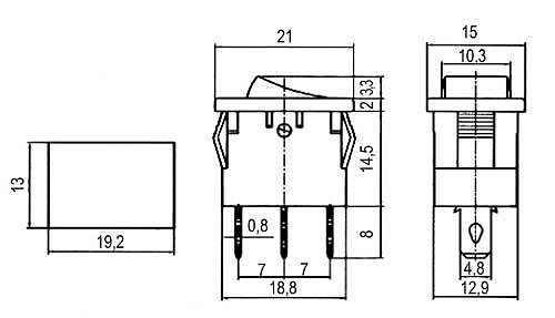 Přepínač kolébkový 2pol./3pin ON-OFF 250V/6A pros. červený
