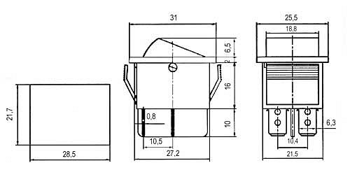 Přepínač kolébkový 2pol./4pin ON-OFF 250V/15A pros. červený