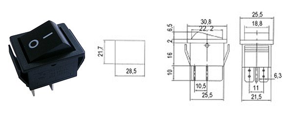 Přepínač kolébkový 2pol./4pin ON-OFF 250V/15A černý