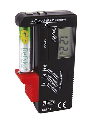 Univerzální tester baterií AA,AAA,C,D,9V, knoflíkové
