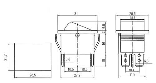 Přepínač kolébkový 3pol./6pin ON-OFF-ON 250V/15A pros. červený