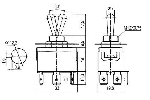Přepínač páčkový 2pol./6pin ON-ON 250V/10A