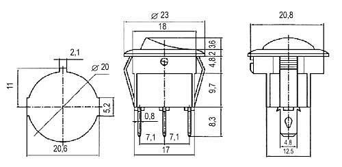 Přepínač kolébkový kul. 2pol./2pin ON-OFF 250V/6A černý