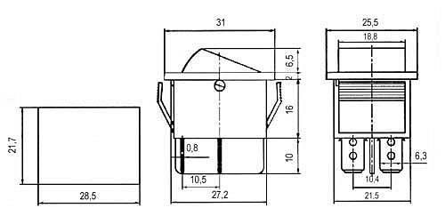 Přepínač kolébkový 2pol./4pin ON-OFF 250V/15A pros. žlutý