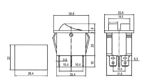 Přepínač kolébkový 2x(2pol./3pin) ON-OFF 250V/15A pros. bod R