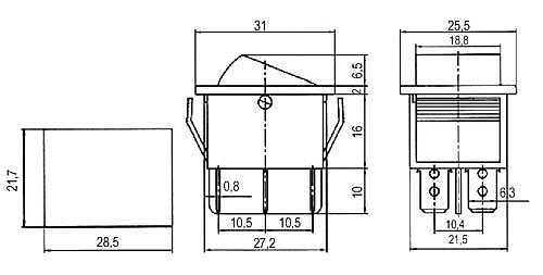 Přepínač kolébkový 2pol./6pin ON-ON 250V/15A červený