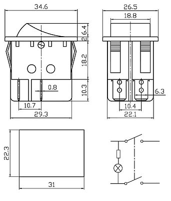 Přepínač kolébkový 2pol./4pin (ON)-OFF 250V/15A