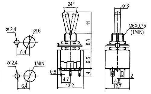 Přepínač páčkový 3pol./6pin ON-OFF-ON