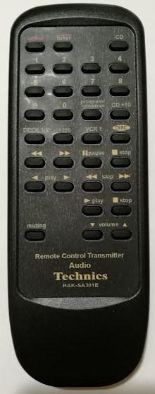 Technics RAK-SA301E náhradní dálkový ovladač, stejný popis tlačítek jako originál.