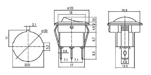 Přepínač kolébkový kul. pros. 2pol./3pin ON-OFF 250V/6A červený