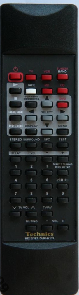 Technics EUR647139 náhradní dálkový ovladač se stejným popisem tlačítek.
