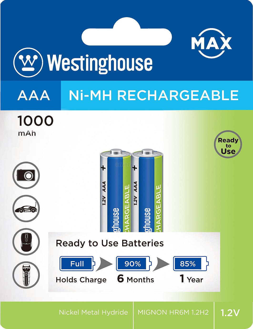 Nikl-metal hydridový akumulátor 1,2V, 1000 mAh, AAA, blistr 2ks (NH-AAA1000BP2AR-MAX)