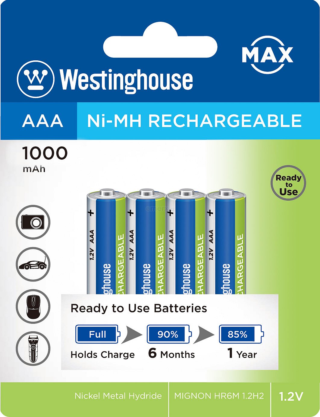 Akumulátor Westinghouse MAX AAA NiMH 1000mAh 1,2V, blistr 4ks (NH-AAA1000BP4AR-MAX)