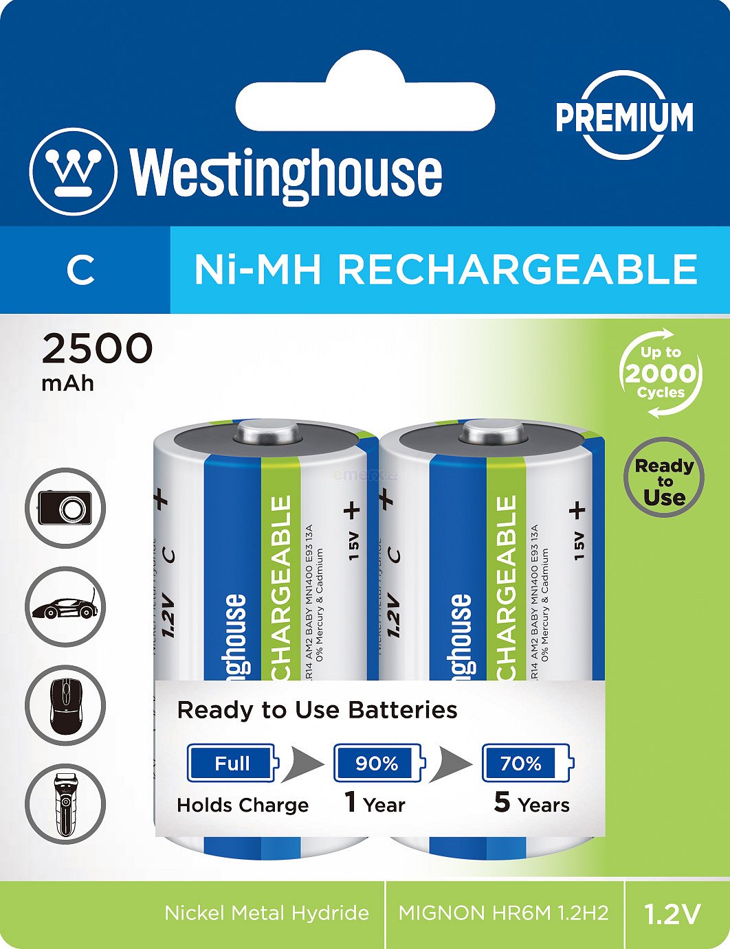Nabíjecí baterie  C (malý monočlánek) NiMH 2500mAh 1,2V, blistr 2ks