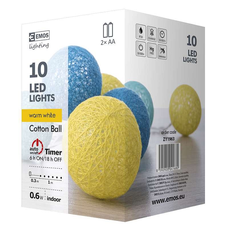 Světelná dekorace 10 LED vánoční girlanda - bavlněné koule, modré a žluté (ZY1963)