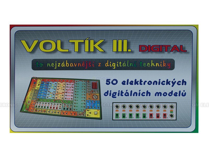 Stavebnice VOLTÍK III. obsahuje logické integrované obvody, čítač, paměť SRAM a vše potřebné k sestavení 50 digitálních modelů bez pájení.  (VOLTÍK III.)
